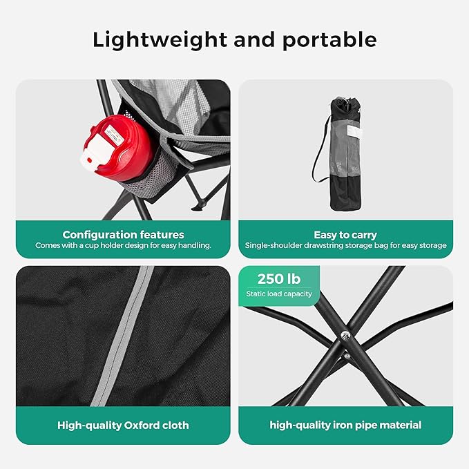 SUNNYFEEL High Back Camping Chair for Adults, Lightweight Camping Chair Support 250 lbs Heavy Duty, Compact Folding Chair Design, Portable & Collapsible Camping Chairs for Outdoor, Camp, Beach, Picnic