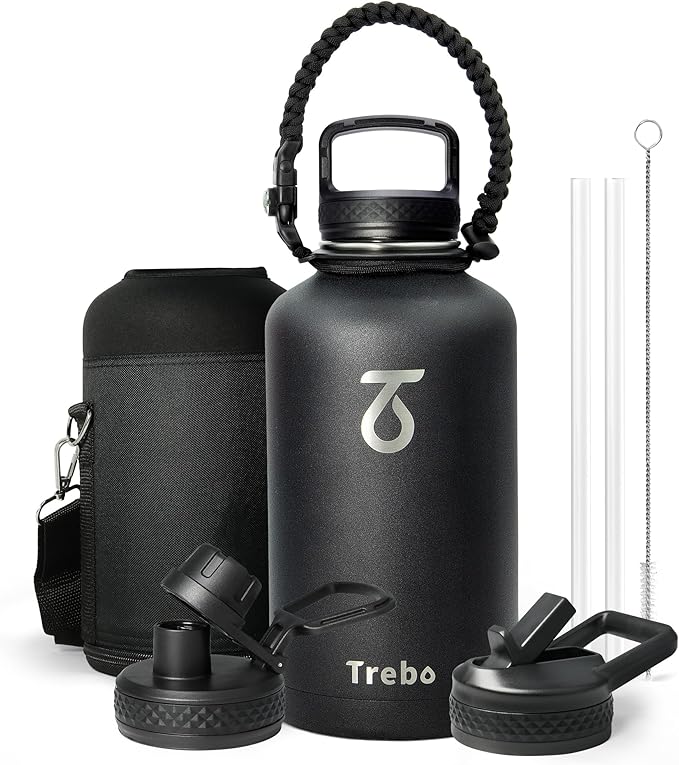 Trebo 64oz Water Bottle Insulated,Large Stainless Steel Water Jug with 3 Lids, Triple Wall Vacuum Sports Thermo bottle Keep Hot 24 Hours & Cold 48 Hours,Wide Mouth Flask,Black