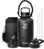 Trebo 64oz Water Bottle Insulated,Large Stainless Steel Water Jug with 3 Lids, Triple Wall Vacuum Sports Thermo bottle Keep Hot 24 Hours & Cold 48 Hours,Wide Mouth Flask,Black