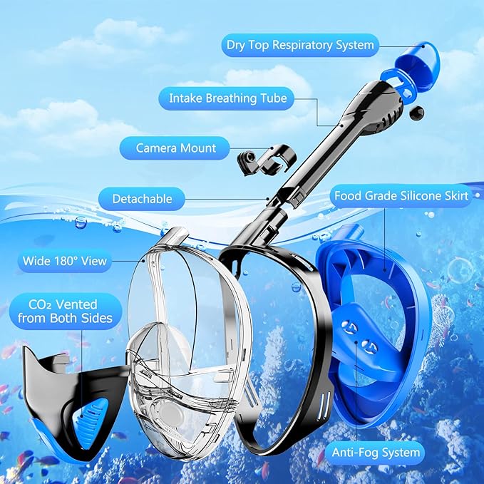 Full Face Snorkel Mask for Adults Teen, Snorkeling Gear with Detachable Camera Mount,Panoramic 180° View, Anti-Fog Anti-Leak Snorkling Set for Man and Women