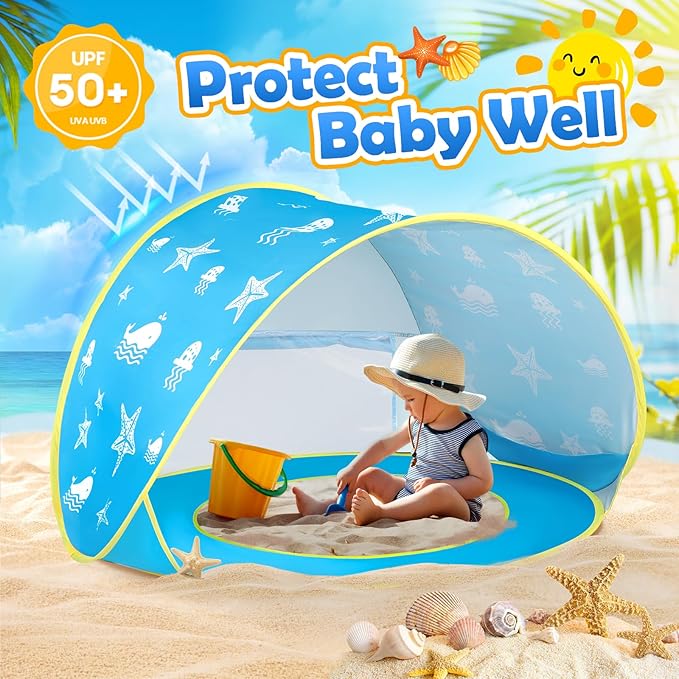 Monobeach Baby Beach Tent Ocean Pop Up Portable Shade Pool UPF50+ UV Protection Sun Shelter for Infant with Easy Set Up Canopy