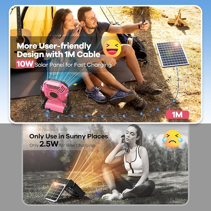10000mAh Solar Fan with LED Lantern, 10W Solar Panel Rechargeable Battery Powered Camping Fan for Outside, 9 Inch Portable Battery Operated Hurricane Supplies for Picnic, Barbecue, Fishing, Travel