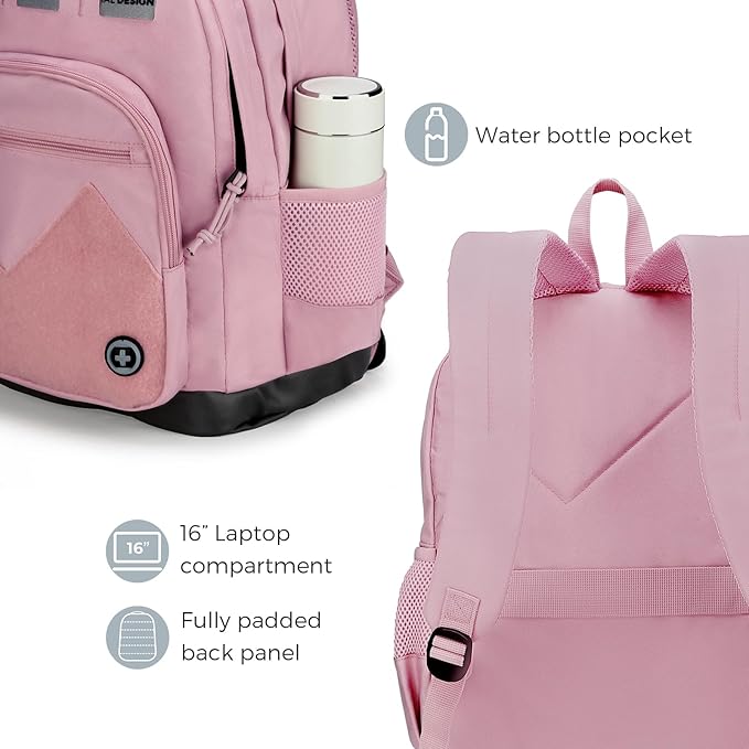 Swissdigital Design Big Student Laptop Backpack with Fun Personalized Patches For College Boy & Girl, Middle High School Teen Bookbag Cool Travel Daypack Pink -Includes 3 Patches | SD1718-81
