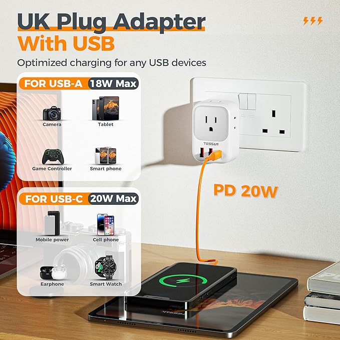 UK Adapters for Travel, TESSAN US to UK Ireland Plug Adapter 20W, Foldable Power Adaptor with 4 Outlets 3 USB(PD 20W 1 USB C) Charger, Type G for USA to Scotland London England HongKong Dubai Irish
