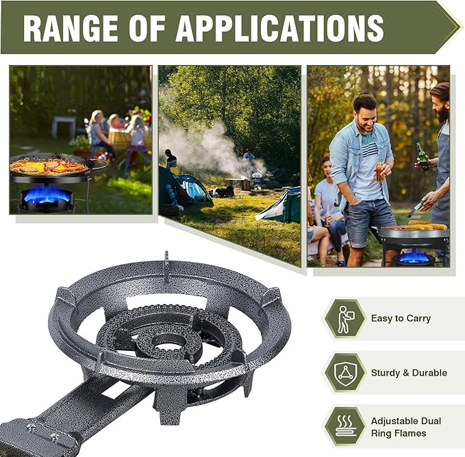 Bestfire 13" Single Propane Burner Stove 90,000 BTU Cast Iron Portable Outdoor Burner with 0-20 PSI Adjustable Regulator and 4ft Hose Perfect for Outdoor Wok Cooking