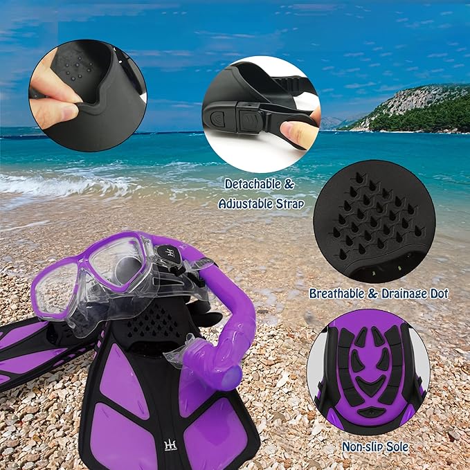 Kids Mask Fins Snorkel Set Snorkeling Packages, with Diving Mask, Snorkel, Adjustable Swim Fins, Mesh Bag, Anti-Fog Anti-Leak Snorkeling Gear for Kids for Snorkeling Swimming Diving