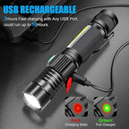 USB Rechargeable Flashlight, Magnetic LED Flashlight, Super Bright LED Tactical Flashlight with Cob Worklight,Waterproof,Zoomable Small LED Flashlight for Camping, Flashlight with Holsters
