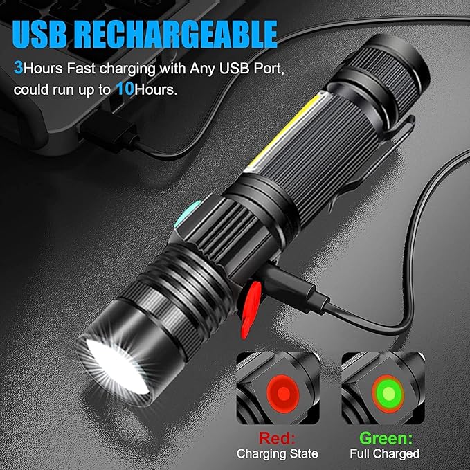 Hoxida USB Rechargeable Flashlight, Magnetic LED Flashlight, Super Bright LED Tactical Flashlight with Cob Worklight,Waterproof,Zoomable Best Small LED Flashlight for Camping, Emergency Flashlight