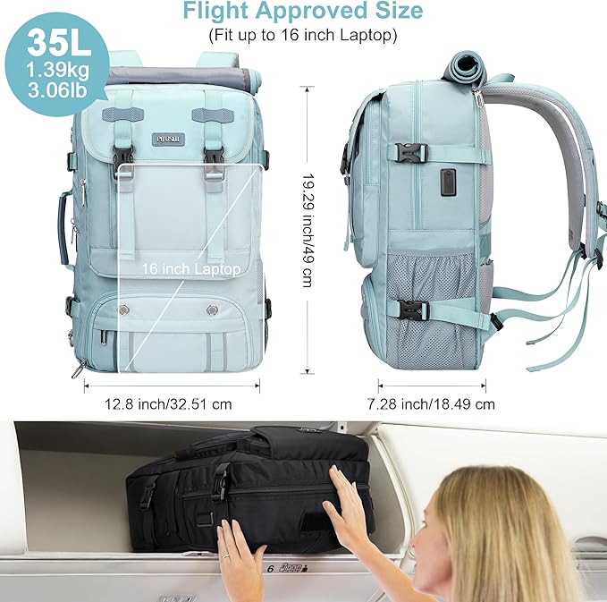 PIJUSHI Travel Backpack for Women Carry on Luggage Backpack Flight Approved Convertible Duffle Bag Fit 16 Inch Laptop(PE037 Blue)