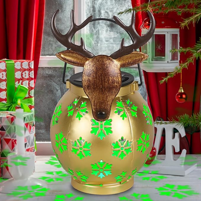 Gold Deer Christmas Lanterns Outdoor with LED Light and Hollow Snowflake Solar Reindeer Christmas Decorations Outside for Garden Patio Yard Porch Art Decoration