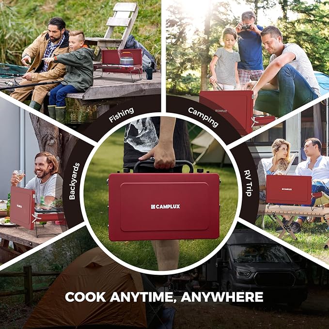 CAMPLUX Safari 2 Burner Propane Camping Stove 20,000 BTU, Portable 2 Burner Propane Camping Grill Stove with Foldable Legs, Push-Button Ignition, CSA Certified Regulator & Hose for Outdoor Cooking