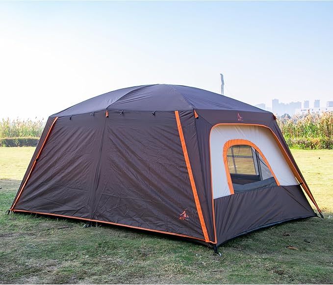 KTT Large Family Cabin Tent 10-12 Person,14.1X10X6.58ft,2 Rooms,3 Storage Pockets,2 Bay-Windows 3 Doors and 3 Windows with Mesh,Straight Wall,Waterproof,Double Layer,Big Tent for Outdoor,Camping