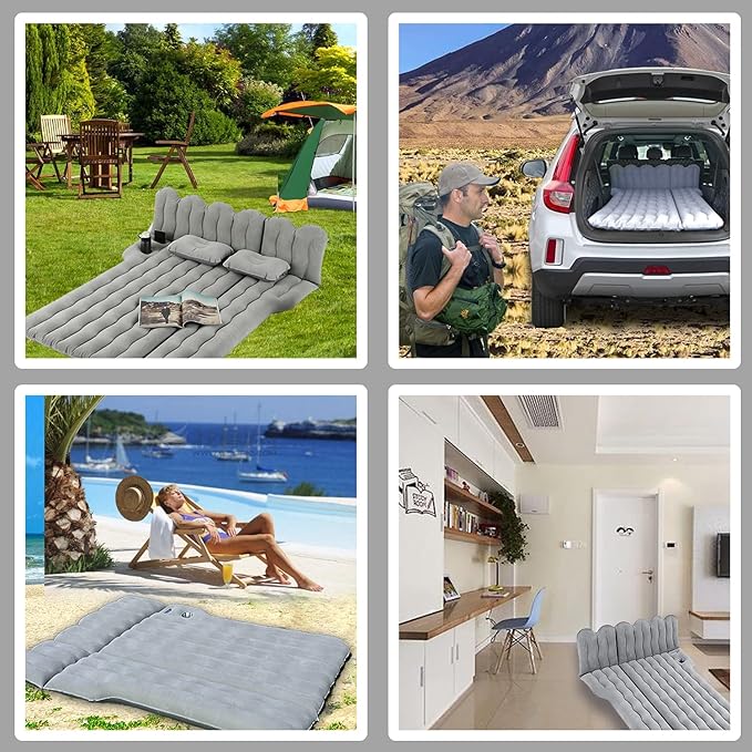 SUV Air Mattress with Cup & Phone Holder, Flocked-Top Inflatable Car Mattress with Two Air Pillows & Electric Air Pump, Ideal SUV Mattress for Camping, Travel, and Road Trips (Grey)