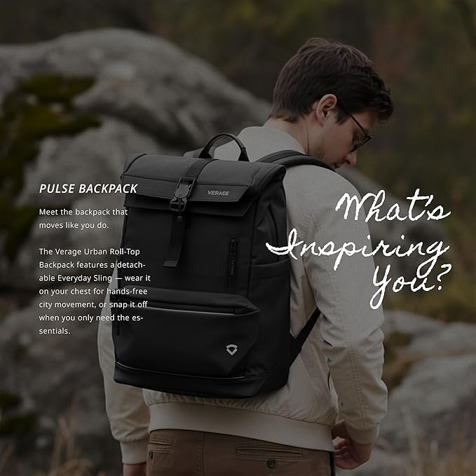Verage Pulse 2-in-1 Roll Top Laptop Backpack 16″ with Detachable Everyday Sling Bag, Personal Item Size, Expandable Water-Resistant Travel Backpack for Airplane, Work & Daily Commute – Black