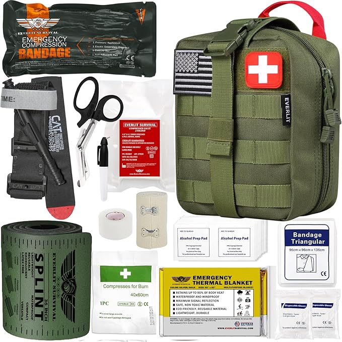 EVERLIT Emergency Trauma Kit, CAT GEN-7 Tourniquet 36" Splint, Military Combat Tactical IFAK for First Aid Response, Gun Shots, Severe Bleeding Control (OD Green)