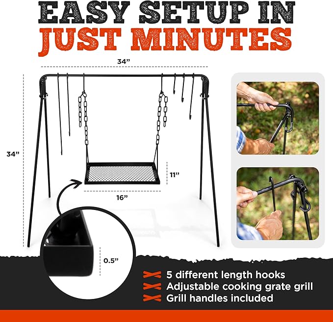 Bruntmor Grill Swing Campfire Cooking Stand BBQ Grill for Cookware & Dutch Oven Adjustable Collapsible Legs with Hooks & Accessories & Carrying Case Black