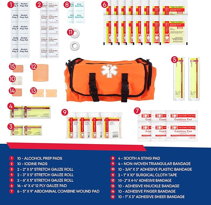 First Responder Trauma First Aid Kit Bag – Fully Stocked Emergency Medical Kit for Workplace, Vehicle & Home – OSHA & ANSI Compliant – Portable – Orange