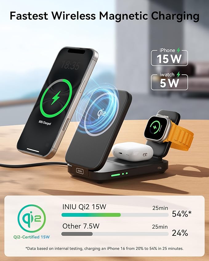 INIU 3 in 1 Wireless Charging Station, Qi2 Certified 15W Travel Charger for Apple Multiple Devices, Foldable Magnetic Wireless Charger Stand for iPhone 17 16 15 14 13 12 Series Apple Watch AirPods