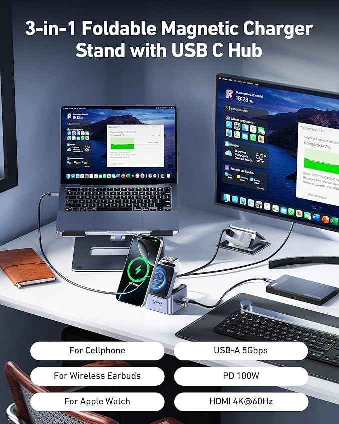 BENFEI 3-in-1 Foldable MagSafe Charger Stand with USB C Hub, Wireless Charging Station for iPhone 16/15/14/13/12, Apple Watch & AirPods, Supporting HDMI (4K@60Hz), 100W PD, 2X USB 3.0 (5Gbps)