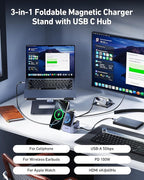 BENFEI 3-in-1 Foldable MagSafe Charger Stand with USB C Hub, Wireless Charging Station for iPhone 16/15/14/13/12, Apple Watch & AirPods, Supporting HDMI (4K@60Hz), 100W PD, 2X USB 3.0 (5Gbps)
