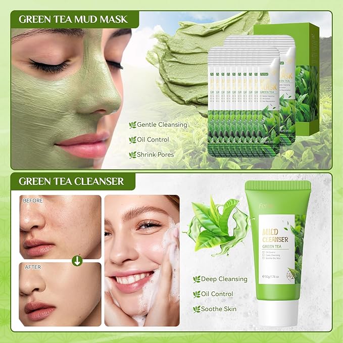 Green Tea Skin Care Set, Skincare for Girls 10-12, 51Pcs Skincare Gift Set for Teens Complete Skincare Routine, Travel Size Skincare Set with Hair Clips, Kids Skin Care Set for Girls Ages 8-12