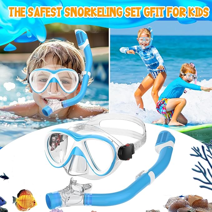 Kids Snorkel Set, Dry Top Snorkeling Gear for Kids, Diving Mask for Youth Boys Girls Age 5-15, Tempered Glass Swimming Goggles Combo Set, Anti-Fog Panoramic View Kids Snorkel Set
