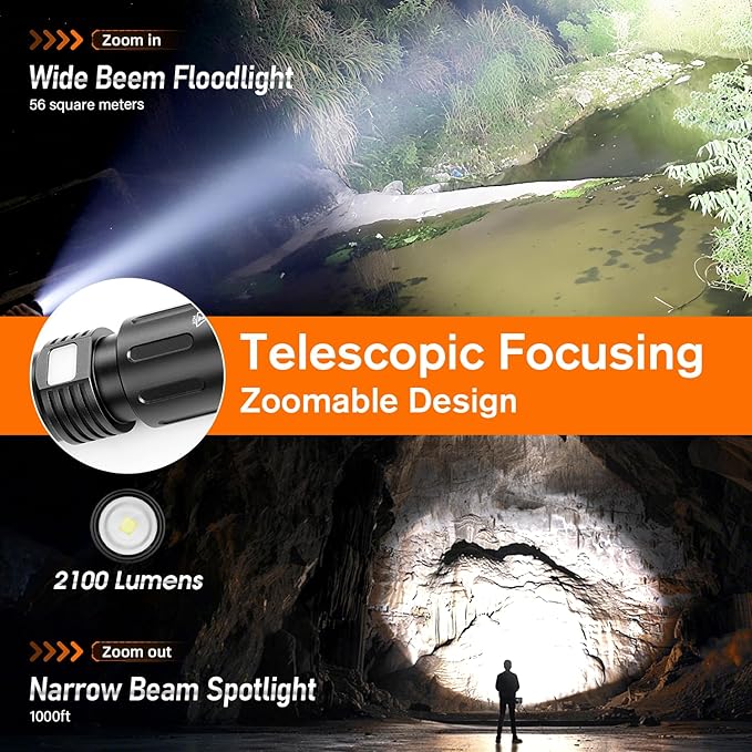 SuperFire Flashlights High Lumens Rechargeable, Powerful LED Pocket Flashlight with Clip, 2100 Lumens Waterproof Tactical Flash Light with Zoomable Focus, 5 Lighting Modes for Camping, Hiking, Working