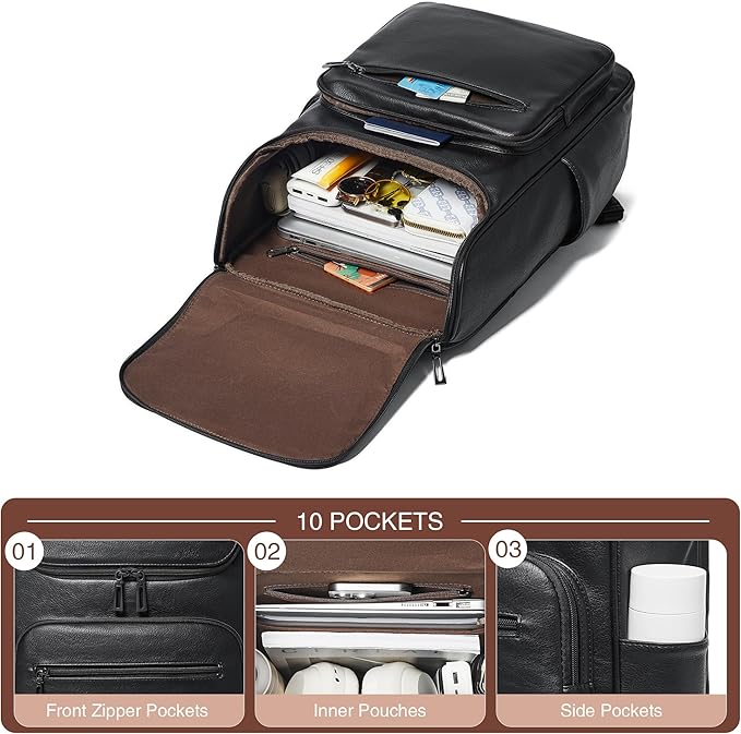 Leather Backpack for Women, Fits 17 Inch Laptop in Main Compartment, Dedicated 15.6 Inch Padded Sleeve, Large Vegan Leather Travel Computer Bag with Luggage Strap for Business and Work, Black