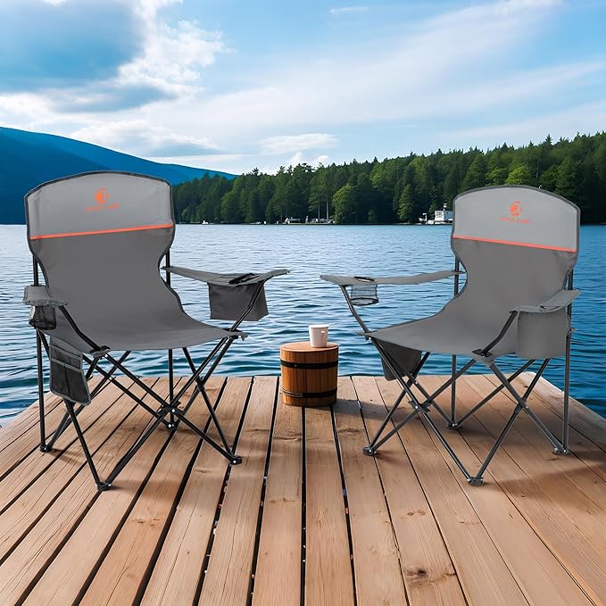 ALPHA CAMP Camping Chair 2 Pack Portable Chair with 3-Can Cooler Folding Chair with Side Pocket and Cup Holder, Collapsible for Camping, Tailgates, Beach, Fishing and Sports,2PC