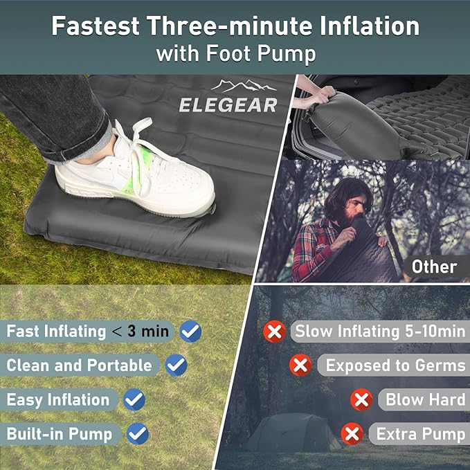 Elegear Double Sleeping Pad for Camping, 4.7" Ultra-Thick Self Inflating Camping Pad 2 Person with Pillow Built-in Foot Pump Camping Sleeping Mat for Backpacking, Hiking, Portable Camping Pad