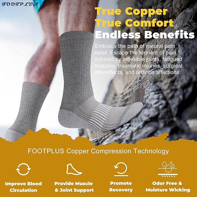 FOOTPLUS Hiking Copper Compression Socks,Unisex Cushioned Sole Arch Support Athletic Crew Running Socks