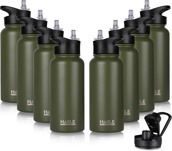 HASLE OUTFITTERS 32 oz Insulated Water Bottle Stainless Steel Double Walled Vacuum Sports Water Bottle with 2 Lids (Straw and Spout Lid) for Gym Camping Hiking(Army Green,8)