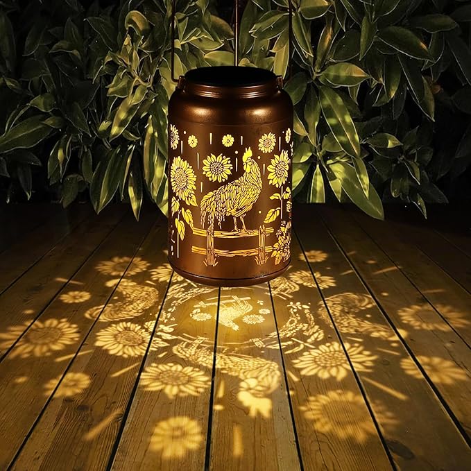 Solar Lanterns Outdoor Waterproof Hummingbird Garden Decor Christmas Gifts for Women Mom Grandma Hanging Lights Metal Decoration Outside for Yard, Patio,Backyard,Porch(Rooster)