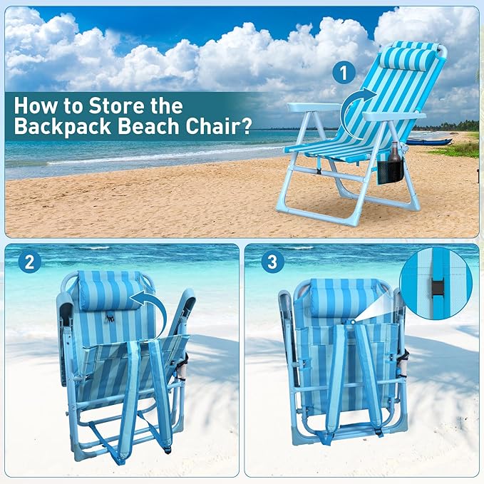 Suteck Backpack Beach Chair, 6-Positions Beach Chairs for Adults with Cooler Bag, Reclining Beach Chair with Cup Holder Folding Camping Chair for Sand Outdoor
