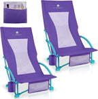 Beach Chairs for Adults 2 Pack,Heavy Duty Folding High Back Camping Chairs w/Cooler Bag,Mesh Back,Cup Holder & Storage Bag,Compact Sling Chair for Lawn,Picnic,Travel,Purple
