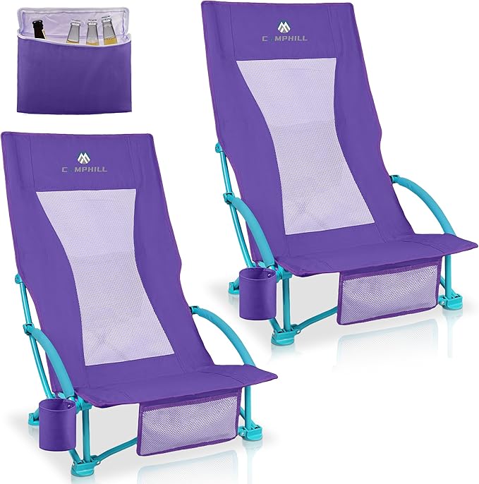 Beach Chairs for Adults 2 Pack,Heavy Duty Folding High Back Camping Chairs w/Cooler Bag,Mesh Back,Cup Holder & Storage Bag,Compact Sling Chair for Lawn,Picnic,Travel,Purple