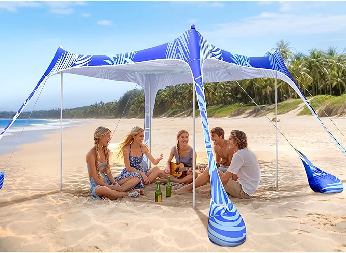 2PM SPORTS Beach Tent Canopy with UPF50+ UV Protection, Outdoor Large Beach Sun Shade Shelter for Family Picnic Camping Travel Shore Fishing, 8 Sandbags, Sand Shovel (Areca Palm, 10x10 FT)