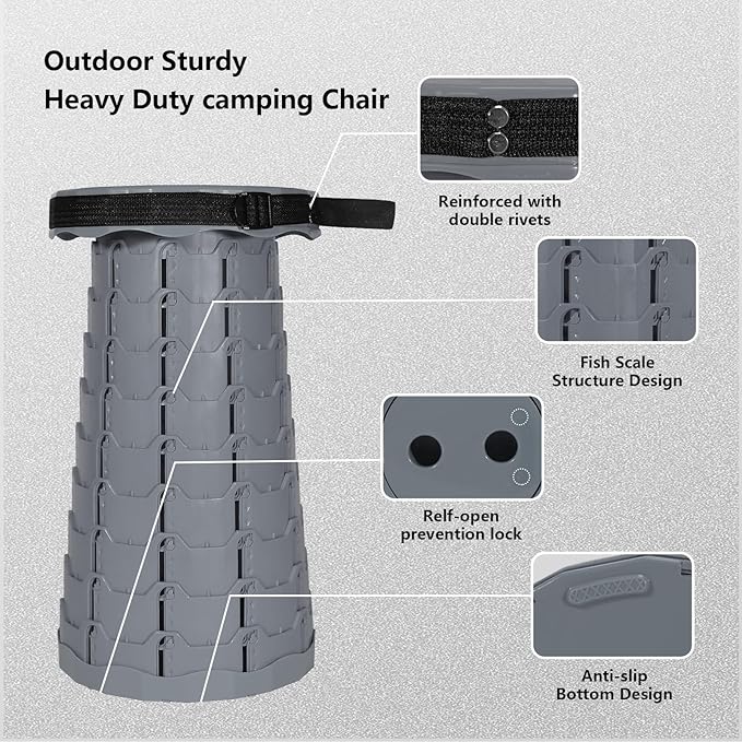 Portable Telescoping Collapsible Stool – Adjustable Height Folding Seat (Up to 450 lbs), Lightweight Camping Stool & Travel Seat for Fishing, Hiking, BBQ, Indoor & Outdoor(Light Gray)