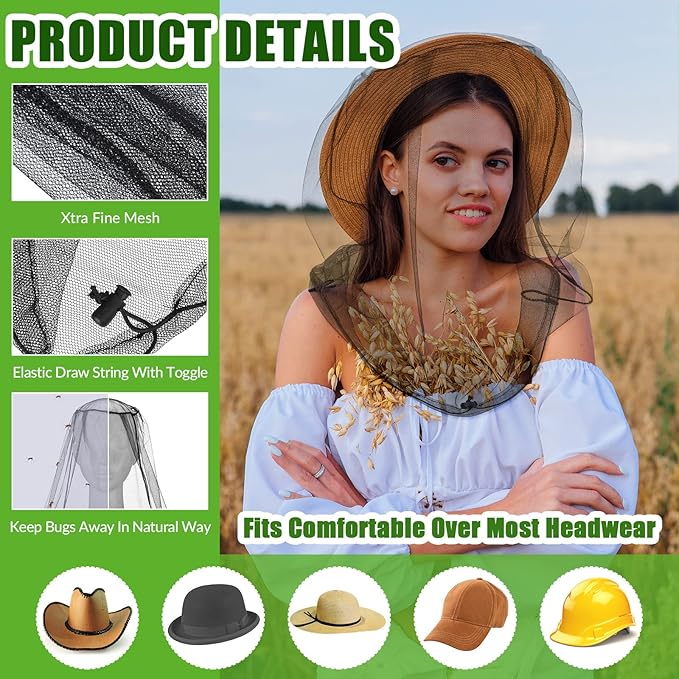 HESTYA 4 Pack Mosquito Bug Net Mesh for Head Mosquito Head Net Face Neck Fly Netting Hood from Insect Bugs Gnats for Outdoor