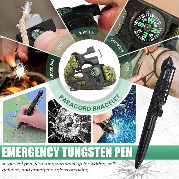 Survival Kit - All-in-One Survival Gear and Supplies for Camping, Hiking, Hunting, and Car Emergencies - Essential Tools, Great Gift for Men, Fathers, Boyfriends, Boys, Dads and Scouts