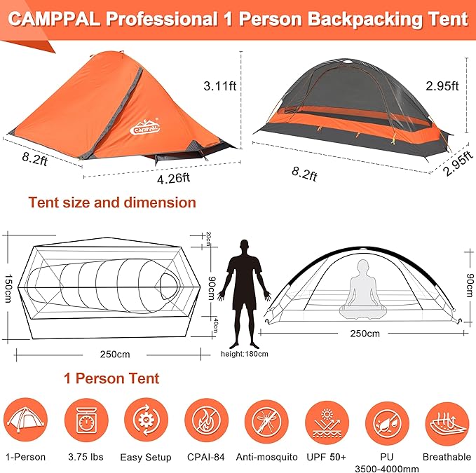1 Person Tent for Camping Hiking Mountain Hunting Backpacking Tents 4 Season Resistance to Windproof Rainproof and Waterproof