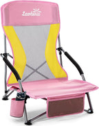 Lamberia Folding Beach Chair for Adults, Portable Low Beach Chairs with 300lbs Capacity, Lightweight Fodable Camping Chair for Travel, Picnic, Concert & Outdoor Activities, Pink-Yellow