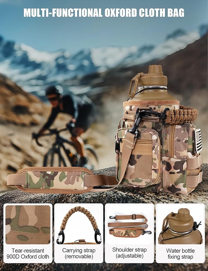 Tactical Half Gallon Water Bottle with Straw, 64 oz Insulated Water Jug with Molle Sleeve, Stainless Steel Sport Bottle with 3 BPA Free Lids for Gym Workout Hiking (Brown, 64OZ)