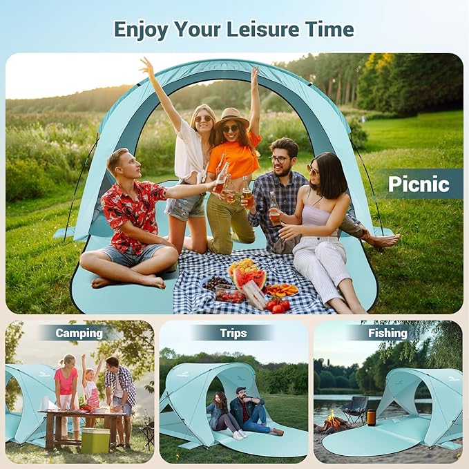 Beach Tent Sun Shelter, Beach Tent with Beach Mat Set, 4 Person Portable Beach Shade Canopy with UPF 50＋ UV Protection, Dual-Door Ventilation Design, Easy Setup Family Beach Umbrella (Green)