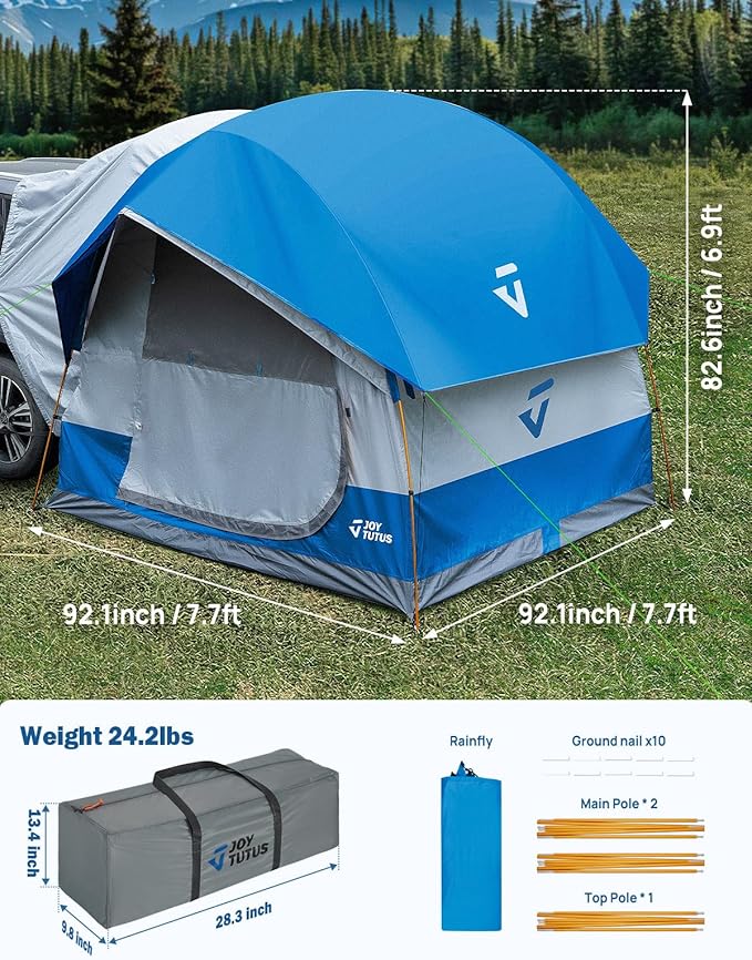JOYTUTUS SUV Tent for Camping with Rainfly, Double Door Design Car Tent with Aluminum Poles, SUV Tailgate Tent with Waterproof PU2000mm Double Layer for 4-8 Person, Blue