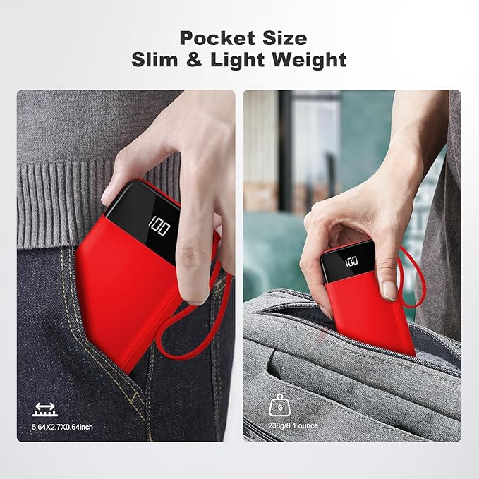 Power Bank 10000mAh Portable Charger with 4 Built-in Cables, Type-C in & Out Phone Charger, External Battery Charger Pack & Travel Essential for iPhone 16/15/14, Samsung, iPad, Android