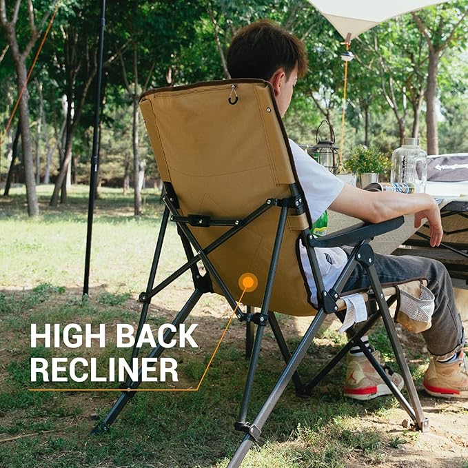 KingCamp 3-Position Adjustable Camping Chairs Heavy Duty High Back Oversized Chairs for Outside Portable Padded Backrest Camp Chair (Khaki/Coffee)