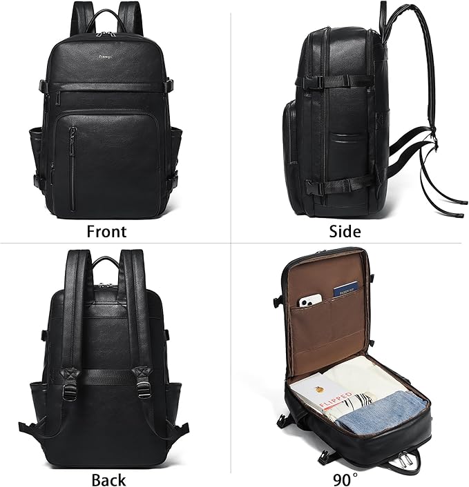 Travel Backpack for Women, Fits 17.0" Notebook, Stylish Lay-Flat Carry-on Vegan Leather Backpack with Luggage Strap for Travel and Daily Use