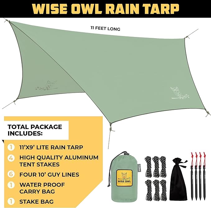 Wise Owl Outfitters Hammock Rain Fly – Waterproof Camping Tarp Cover with Tent Stakes & Carry Bag, Ultralight Shelter for Backpacking & Outdoor Shade
