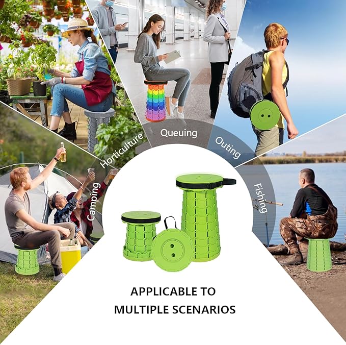 Portable Collapsible Stool, Adjustable Height Folding Seat for Adults and Kids, Lightweight Retractable Telescoping Stool for Camping, Travel, Fishing, Outdoor & Indoor Use (Apple Green)